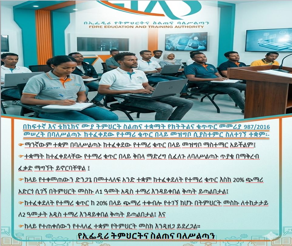 በከፍተኛ እና ቴክኒክና ሙያ ትምህርት ስልጠና ተቋማት የክትትልና ቁጥጥር መመሪያ 987/2016 መሠረት በባለሥልጣኑ ከተፈቀደው የተማሪ ቁጥር በላይ መዝግቦ ሲያስተምር ስለተገኘ ተቋም፡-